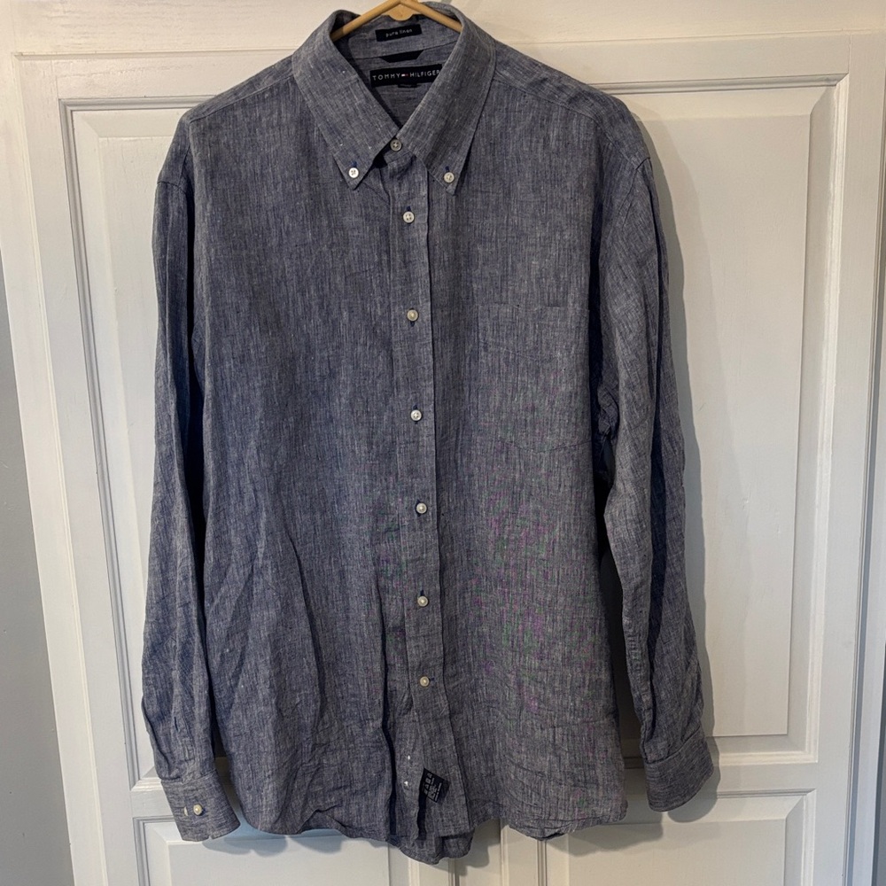 Tommy Hilfiger Men's Blue Linen Button-Down Casual Shirt Sz Large
